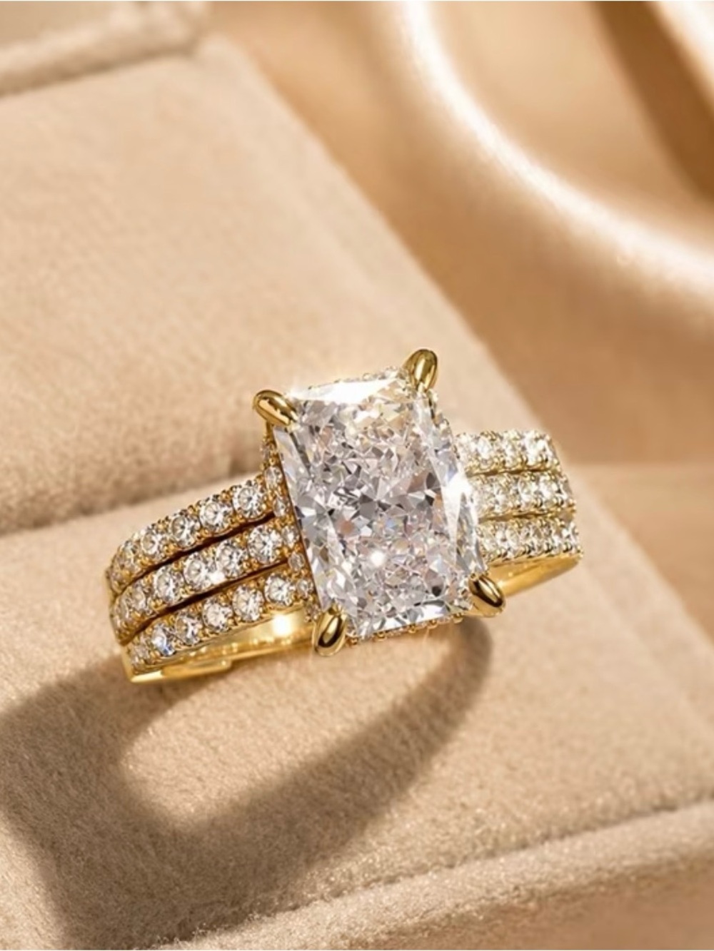 Gold Triple-Row Pave Ring with Large Cushion-Cut Clear Stone